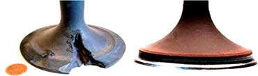 Left: Valve guttering or torching (high ash). Right: Valve with severely recessed sealing face Left: Valve guttering or torching (high ash). Right: Valve with severely recessed sealing face