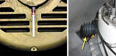 Figure 3. A grease thief (left) and a bellows-type grease discharge trap (right) can be connected to a purge port. Figure 3. A grease thief (left) and a bellows-type grease discharge trap (right) can be connected to a purge port.