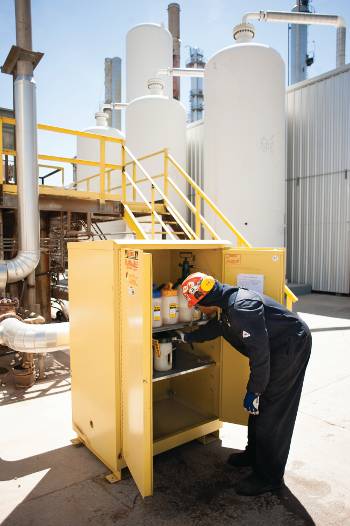 This new satellite storage cabinet is designed for storage of small oil containers and grease devices.