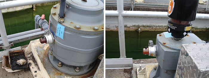 An oil sight glass with dirty oil (left) and clean oil (right) An oil sight glass with dirty oil (left) and clean oil (right)