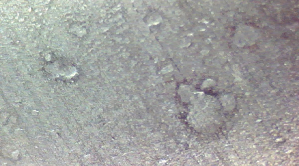 This gearbox input shaft inboard bearing outer race shows scratches and indentations from contaminants in the working area of the bearing race. This gearbox input shaft inboard bearing outer race shows scratches and indentations from contaminants in the working area of the bearing race.