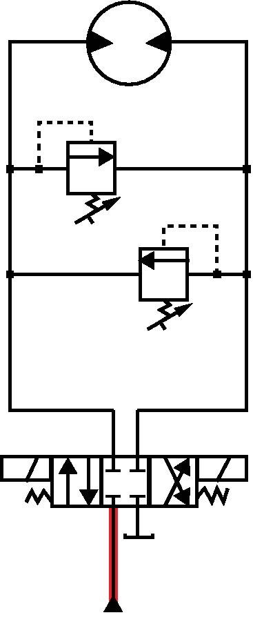 Figure 3. A circuit with a closed center directional valve (1), two crossport relief valves (2A and 2B) and a hydraulic motor (3) Figure 3. A circuit with a closed center directional valve (1), two crossport relief valves (2A and 2B) and a hydraulic motor (3)