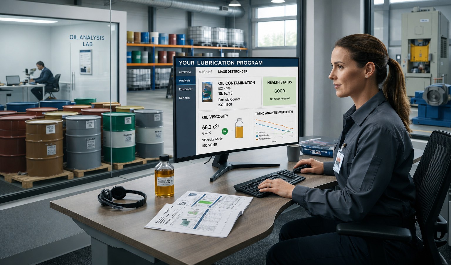 Lubrication professional reviewing lubricant selection and oil-analysis information