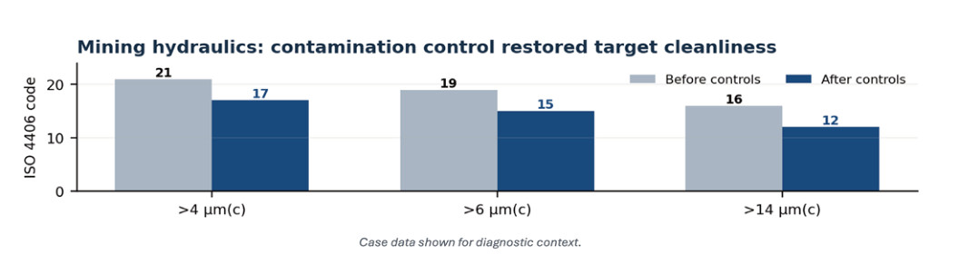 Mining hydraulic contamination control restored target cleanliness
