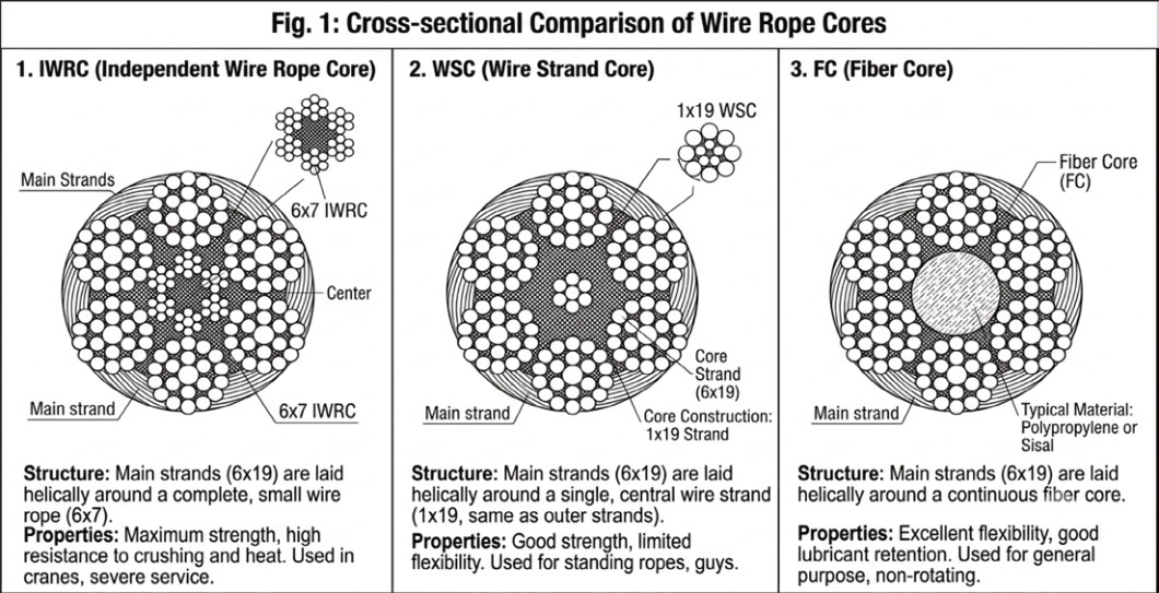 Wire rope core constructions: IWRC, WSC and FC