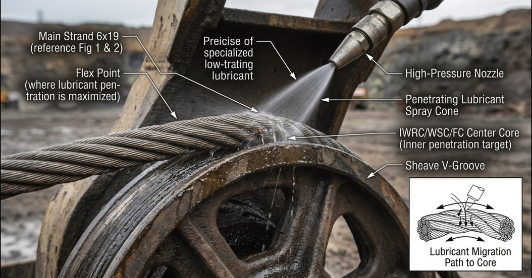 Field application of penetrating lubricant at a sheave