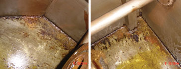 These images show the buildup of particulate in a turbine oil reservoir that is cleaned periodically. Consider the type of buildup that could occur over the life of the plant.