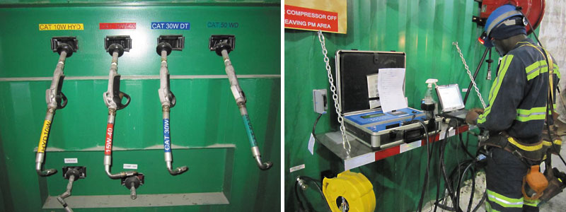 Left: Dispensing nozzles are now labeled and color-coded. Right: In addition to oil analysis, Cargill also conducts diesel exhaust emission testing to determine engine health.