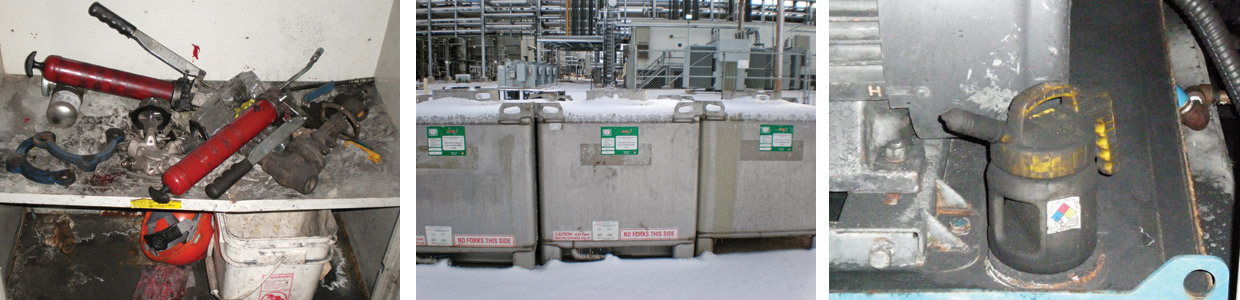 From Left: 1. Previously, oil totes were stored outside with no protection. 2. Grease guns and cabinets were unorganized and dirty. 3. Top-up containers were left by the equipment and were highly contaminated.