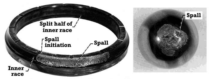 These images show representative rolling-element fatigue failure of an inner race (left) and ball (right) from 120-millimeter-bore ball bearings made of AISI M-50 steel.
