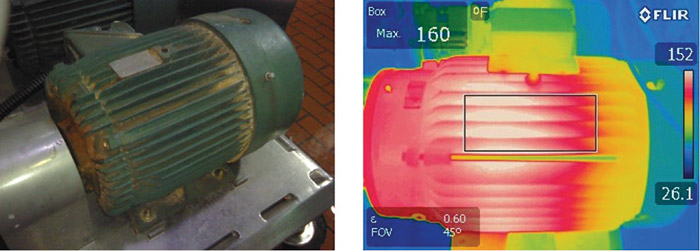 Cooling issues caused this motor (left) to overheat. Powder under the fan cover completely blocked the forced air’s path.