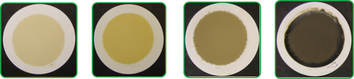 These images show the results of an MPC test on four different oils. The one on the far left is considered to be at the warning level, while the other three are in the critical range.