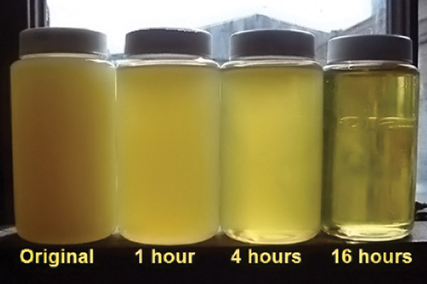 Oil purity is shown for a system before it was flushed (left) and then after one, four and 16 hours. This particular system had high water content prior to flushing.