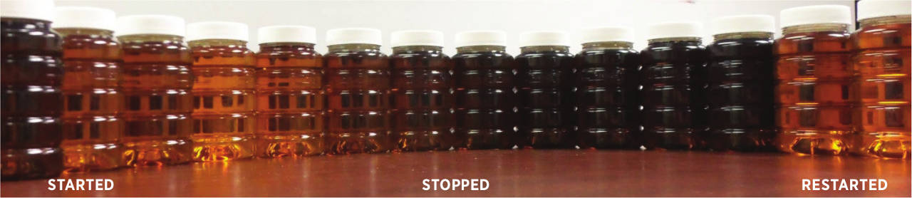 This image shows the changes in oil color when electrostatic filtration was started, stopped and restarted.