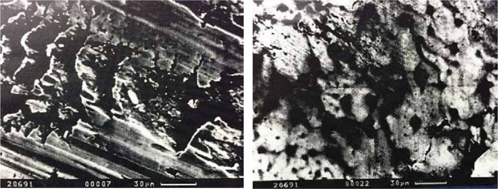 Figure 2 (a) Bearing surface without micro ceramic particles indicating 20-25% surface to surface contact (b) Bearing surface with micro ceramic indicating 75-85% surface to surface contact