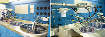 Figure 2. Above the sink on the left is where the filter being tested is mounted. The circular middle sinks are filter test system reservoirs. The larger injection system reservoir is on the far right.